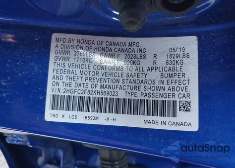 2019 Honda Civic Sport из США, поврежденный, VIN 2HGFC2F82KH569023